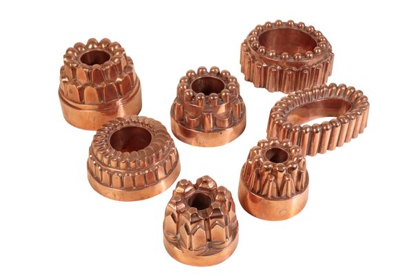 SEVEN VICTORIAN COPPER 'JELLY' MOULDS,