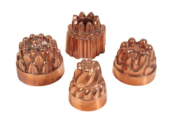 FOUR VICTORIAN COPPER 'JELLY' MOULDS,