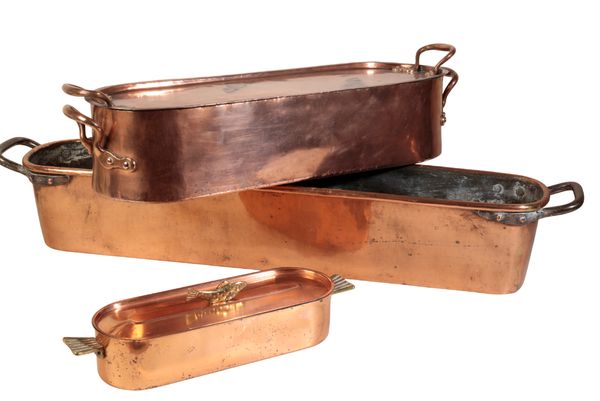 THREE VARIOUS COPPER FISH KETTLES,