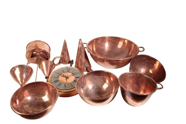 A COLLECTION OF COPPER BASINS, FUNNELS AND UTENSILS,