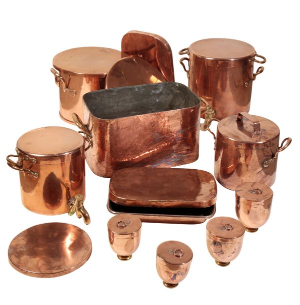 A GROUP OF COPPER DOMESTIC VESSELS AND UTENSILS,