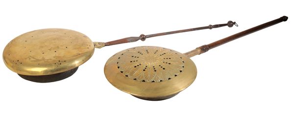 A GEORGE II BRASS AND WROUGHT IRON MOUNTED BED WARMING PAN,