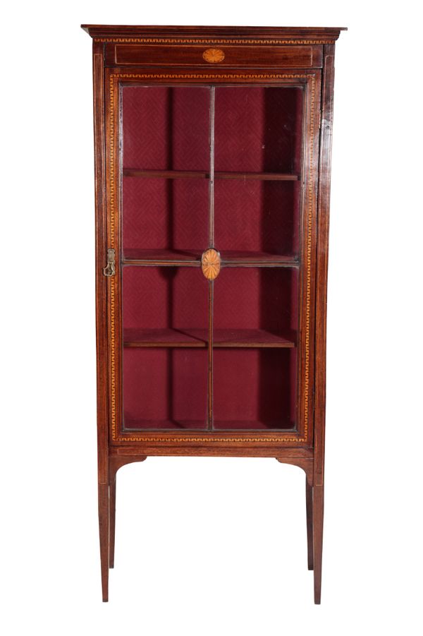 AN EDWARDIAN GLAZED AND INLAID HARDWOOD VITRINE,