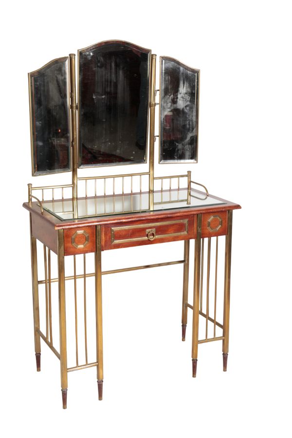 A SECESSIONIST STYLE NARROW BRASS AND STAINED HARDWOOD DRESSING TABLE