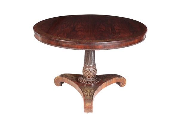 A REGENCY ROSEWOOD AND BRASS INLAID BREAKFAST TABLE,