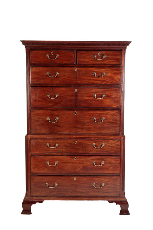 A GEORGE III MAHOGANY SECRETAIRE CHEST ON CHEST,