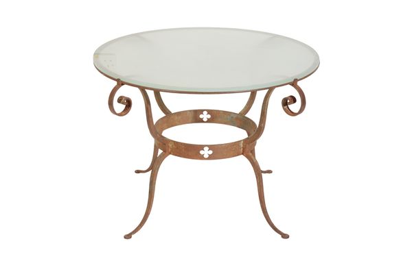 A FRENCH WROUGHT IRON AND FROSTED GLASS TOPPED OCCASIONAL TABLE