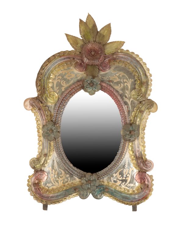 A VENETIAN MOULDED GLASS WALL MIRROR,