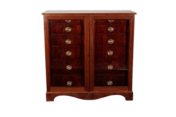 AN EDWARDIAN MAHOGANY, CROSSBANDED AND LATER GLAZED CHEST OF DRAWERS IN THE MANNER OF A CARTONNIER,