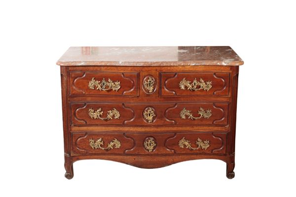 A LOUIS XV WALNUT AND MARBLE TOPPED COMMODE,