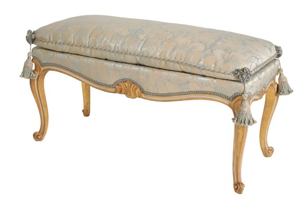 A CARVED GILTWOOD AND UPHOLSTERED STOOL IN LOUIS XV STYLE,