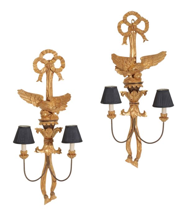 A PAIR OF GILTWOOD TWIN LIGHT WALL APPLIQUES IN EMPIRE STYLE,