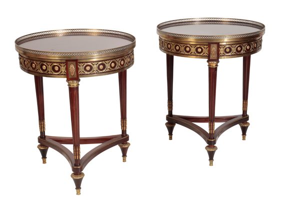 A PAIR OF STAINED HARDWOOD AND GILT METAL MOUNTED GUERIDONS IN LOUIS XVI STYLE,