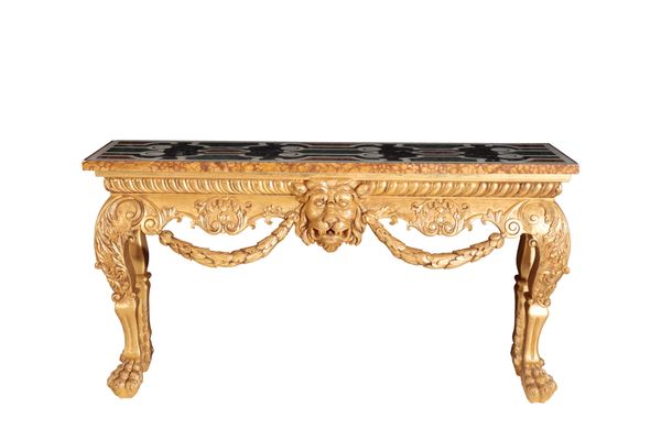 A CARVED GILTWOOD AND FAUX PIETRE DURE TOPPED CONSOLE TABLE, IN 18TH CENTURY TASTE,