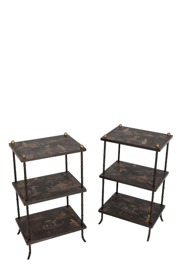 A PAIR OF PAINTED WOOD AND METAL ETAGERES, IN CHINOISERIE TASTE,