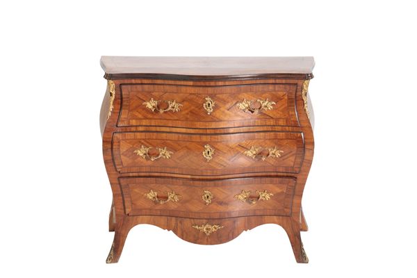 A WALNUT AND PARQUETRY BOMBE COMMODE, IN CONTINENTAL 18TH CENTURY STYLE,