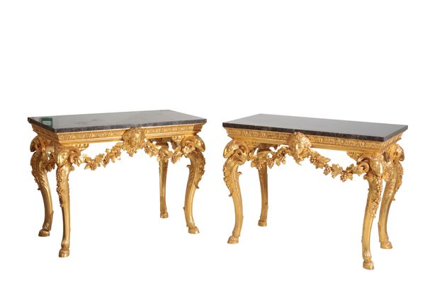 A PAIR OF CARVED GILTWOOD AND MARBLE TOPPED SIDE TABLES, IN LOUIS XV STYLE,