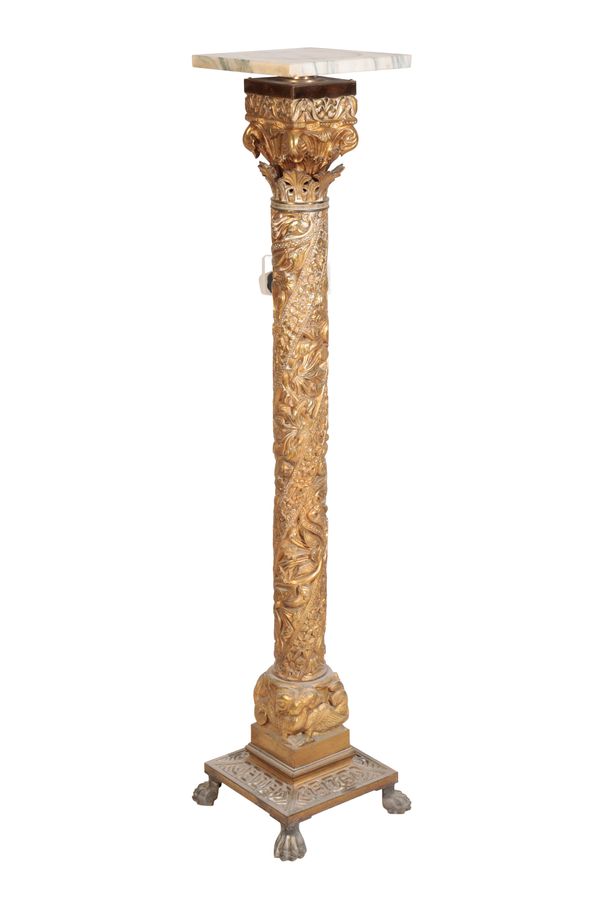 A CONTINENTAL GILT BRONZE AND MARBLE TOPPED PEDESTAL IN ROMANESQUE STYLE,