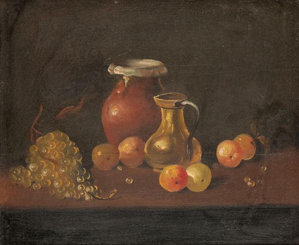 STILL LIFE OF FRUIT AND JUGS, OIL ON BOARD