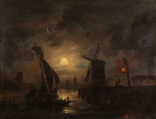 DUTCH SCHOOL, 19TH CENTURY, Nocturnal harbour scene with figures and a windmill