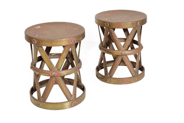 A PAIR OF PLANISHED BRASS STOOLS,