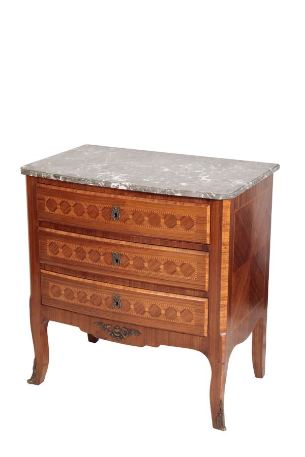 A LOUIS XVI STYLE KINGWOOD PARQUETRY AND MARBLE TOPPED COMMODE,