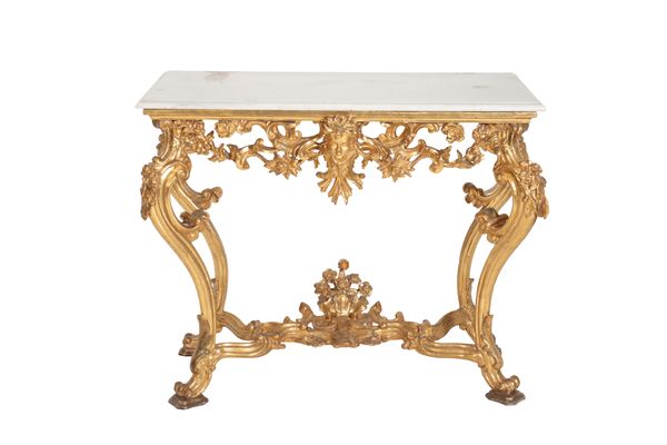 A CARVED AND GILTWOOD AND WHITE MARBLE MOUNTED CONSOLE TABLE, IN LOUIS XV STYLE,