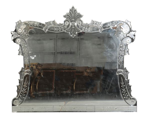 A VENETIAN ETCHED AND CUT GLASS OVERMANTEL MIRROR,