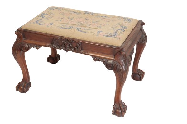 A VICTORIAN CARVED WALNUT AND BERLIN WOOLWORK UPHOLSTERED STOOL, IN GEORGE III STYLE,