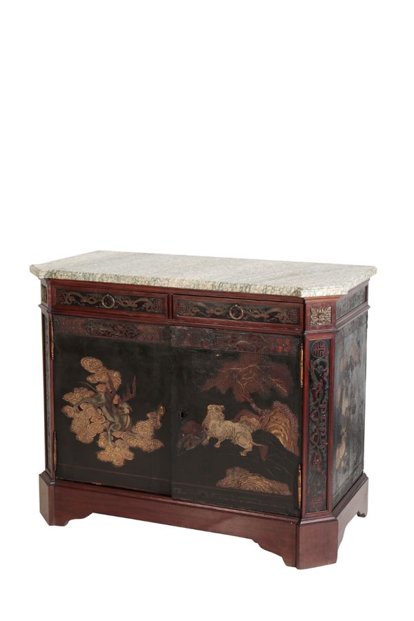 A FRENCH CHINOISERIE LACQUERED AND MARBLE TOPPED COMMODE,