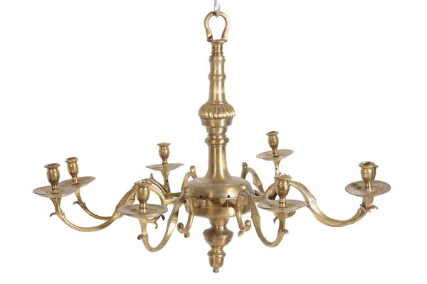 A DUTCH GILT METAL EIGHT LIGHT CHANDELIER, IN EARLY 18TH CENTURY STYLE,