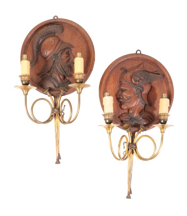 A PAIR OF WALNUT AND GILT METAL MOUNTED TWIN LIGHT WALL APPLIQUES,