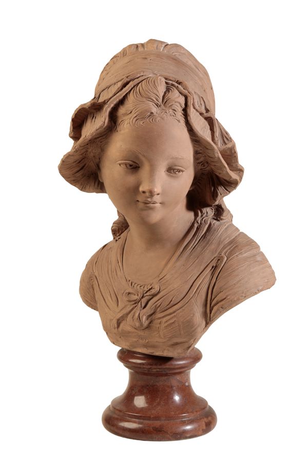 A CONTINENTAL SCULPTED TERRACOTTA BUST OF A GIRL, IN 18TH CENTURY STYLE,