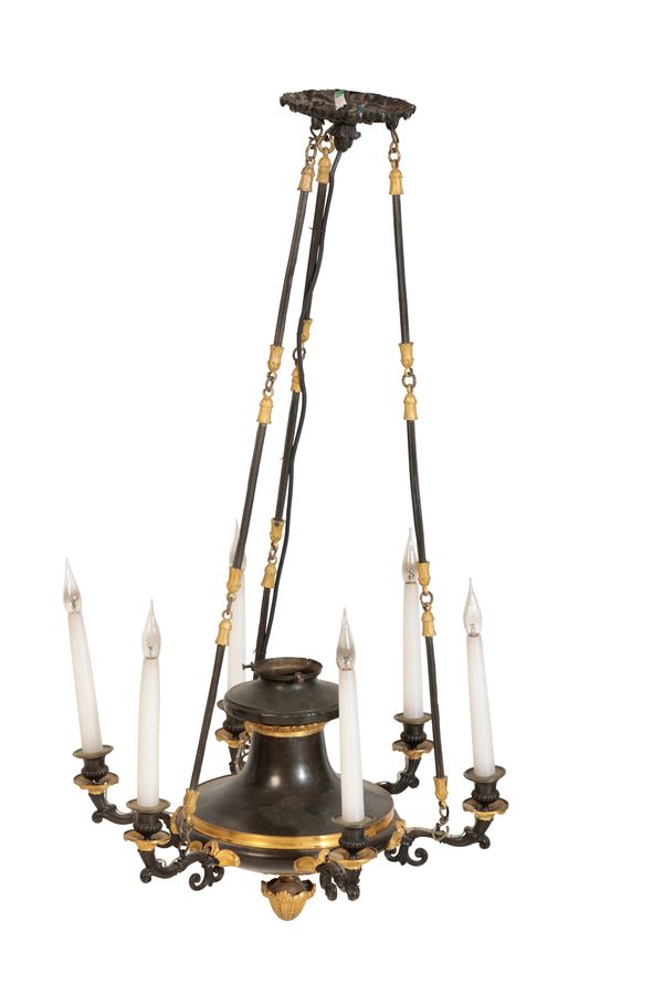 A BRONZE AND ORMOLU SIX LIGHT ELECTROLIER, IN LOUIS PHILIPPE STYLE,