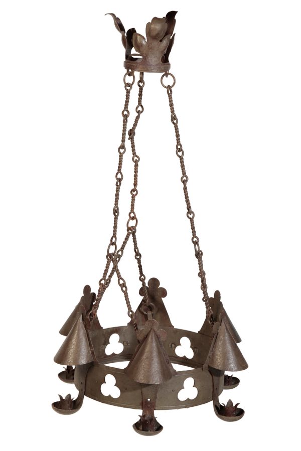 A WROUGHT IRON SIX LIGHT CHANDELIER, IN GOTHIC TASTE,