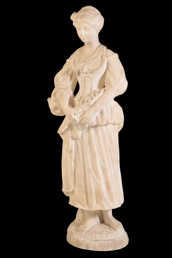 AN ITALIAN SCULPTED ALABASTER MODEL OF A MAIDEN,