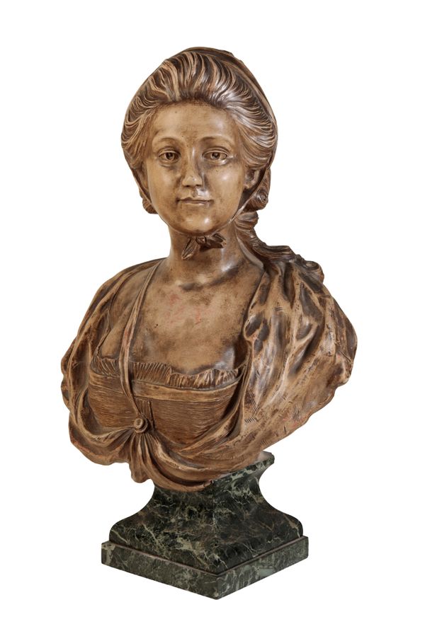 A CONTINENTAL SCULPTED TERRACOTTA BUST OF A MAIDEN, IN 18TH CENTURY STYLE,