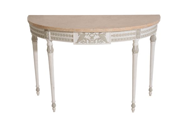 A PAINTED WOOD AND COMPOSITION DEMI-LUNE CONSOLE TABLE, IN NEOCLASSICAL STYLE,