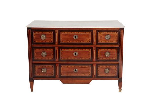 A FRENCH WALNUT, PARQUETRY AND EBONY BANDED COMMODE,