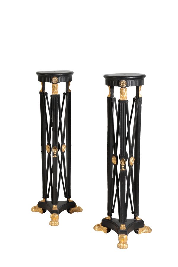 A PAIR OF PAINTED WOOD AND COMPOSITION TORCHERE STANDS, IN NEOCLASSICAL STYLE,