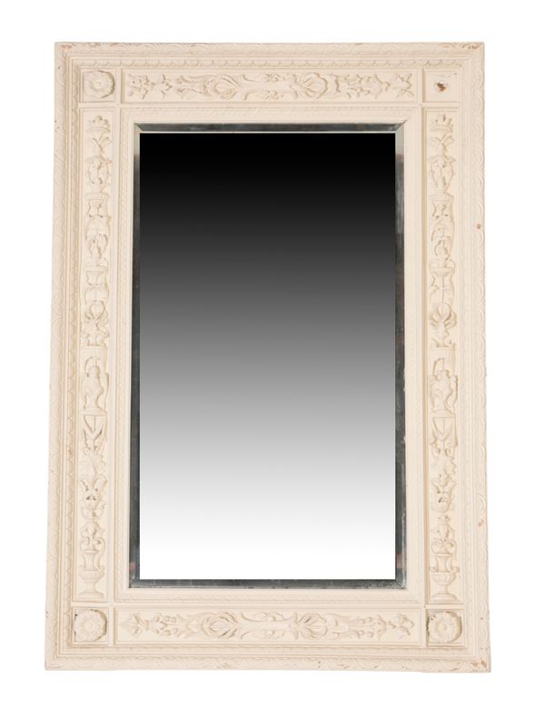 A CARVED AND CREAM PAINTED WOOD FRAMED WALL MIRROR, IN NEOCLASSICAL STYLE,