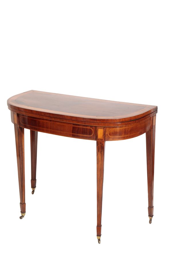 A GEORGE III HARDWOOD, POSSIBLY GONCALO ALVES AND SATINWOOD BANDED DEMI-LUNE CARD TABLE,