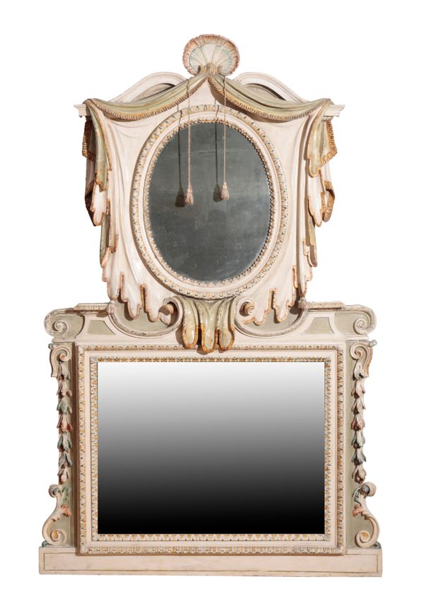 AN ITALIAN CARVED AND PAINTED WOOD OVERMANTEL MIRROR,