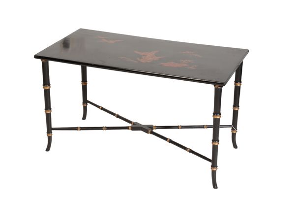 A LACQUERED AND EBONISED LOW OCCASIONAL TABLE,