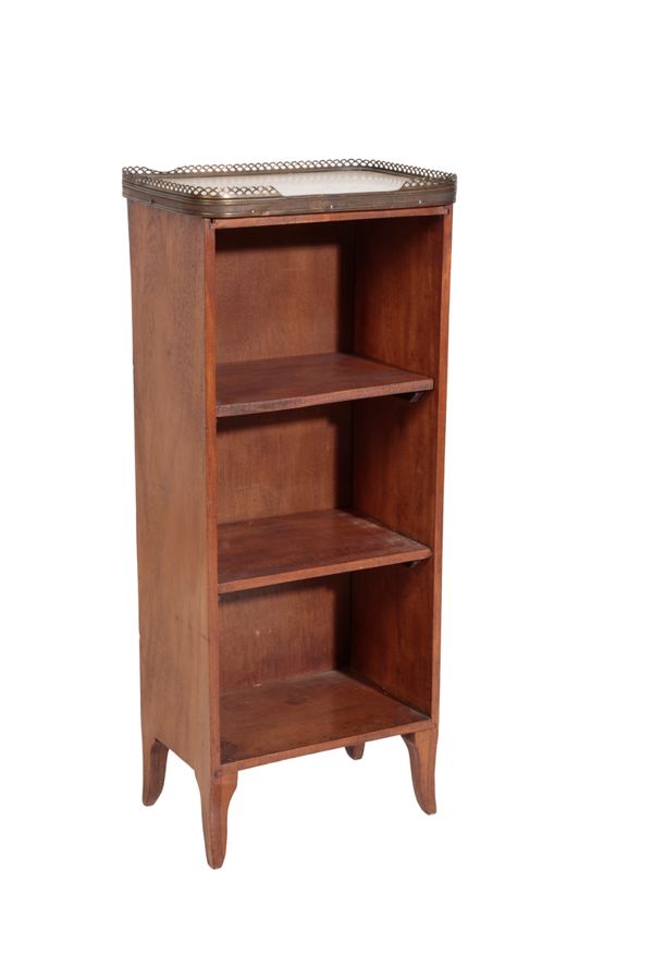 A MAHOGANY AND MARBLE TOPPED DWARF OPEN BOOKCASE,