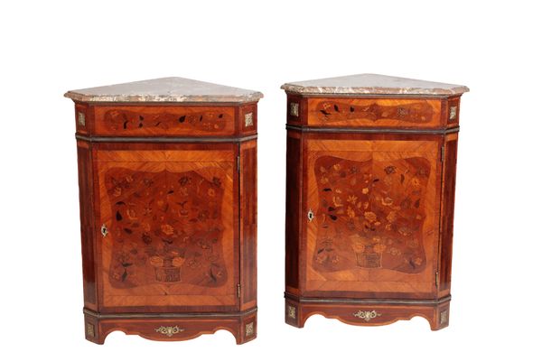 A PAIR OF LOUIS XVI STYLE WALNUT AND MARQUETRY ENCOIGNURES,