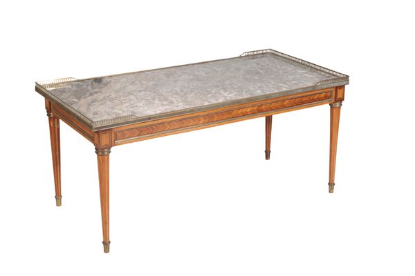 A LOUIS XVI STYLE MAHOGANY AND MARBLE TOPPED LOW OCCASIONAL TABLE,