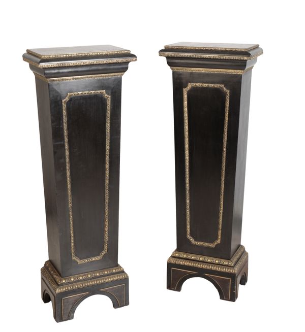 A PAIR OF LOUIS XIV STYLE EBONISED AND GILT METAL MOUNTED PLINTHS,