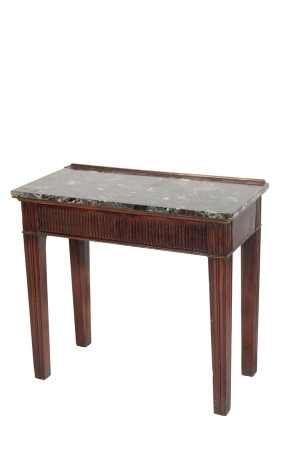 A CONTINENTAL MAHOGANY AND MARBLE TOPPED CONSOLE TABLE, IN NEOCLASSICAL STYLE,