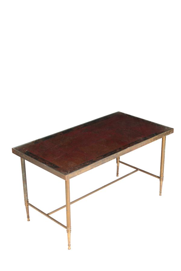 A METAL AND DECORATED LACQUER INSET LOW OCCASIONAL TABLE,